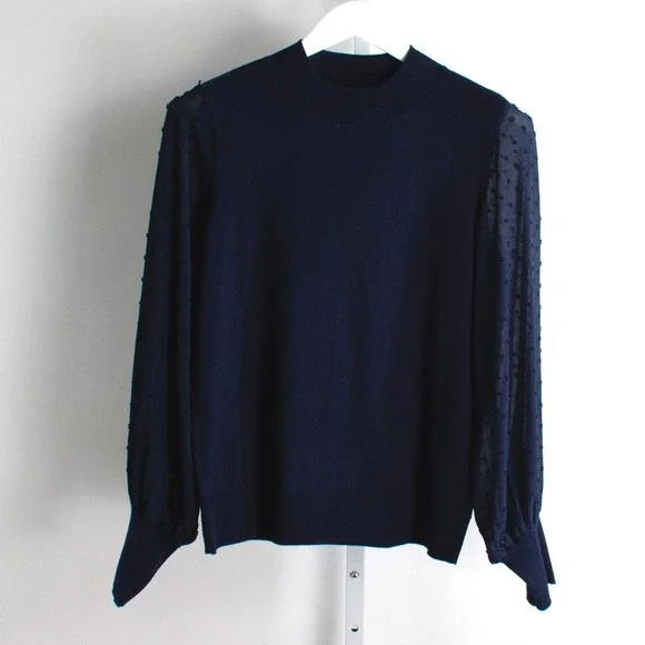 CeCe Navy Blue Sweater Top Polka Dot Sheer Sleeves Mock Neck Blouse Women Size M - Picture 1 of 10